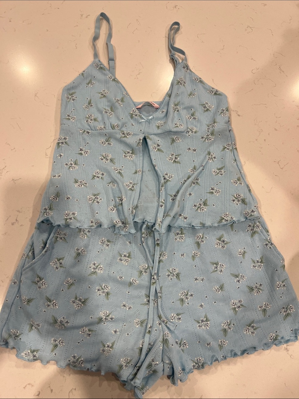 La Vie En Rose Light Blue Floral Satin-Feel Romper